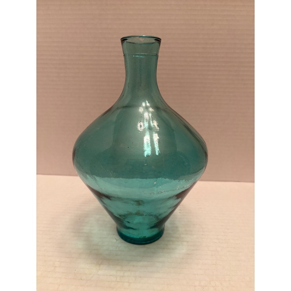Vintage Turquoise Teal Hand Blown Glass Vase Bulbous Onion Shape 10.5 inch
